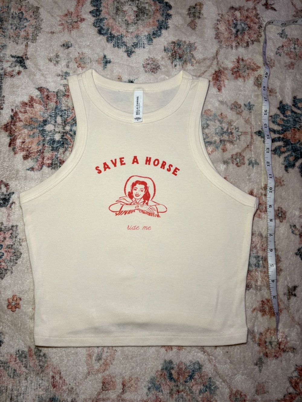 Homewurk Save A Horse Graphic Crop Tank Top - Cream with Red Print
